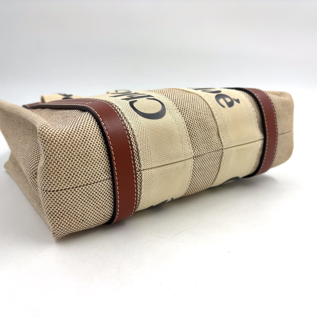 Pre-Owned Chloe Woody small tote Handbag Brown beige Leather Canvas Chloe