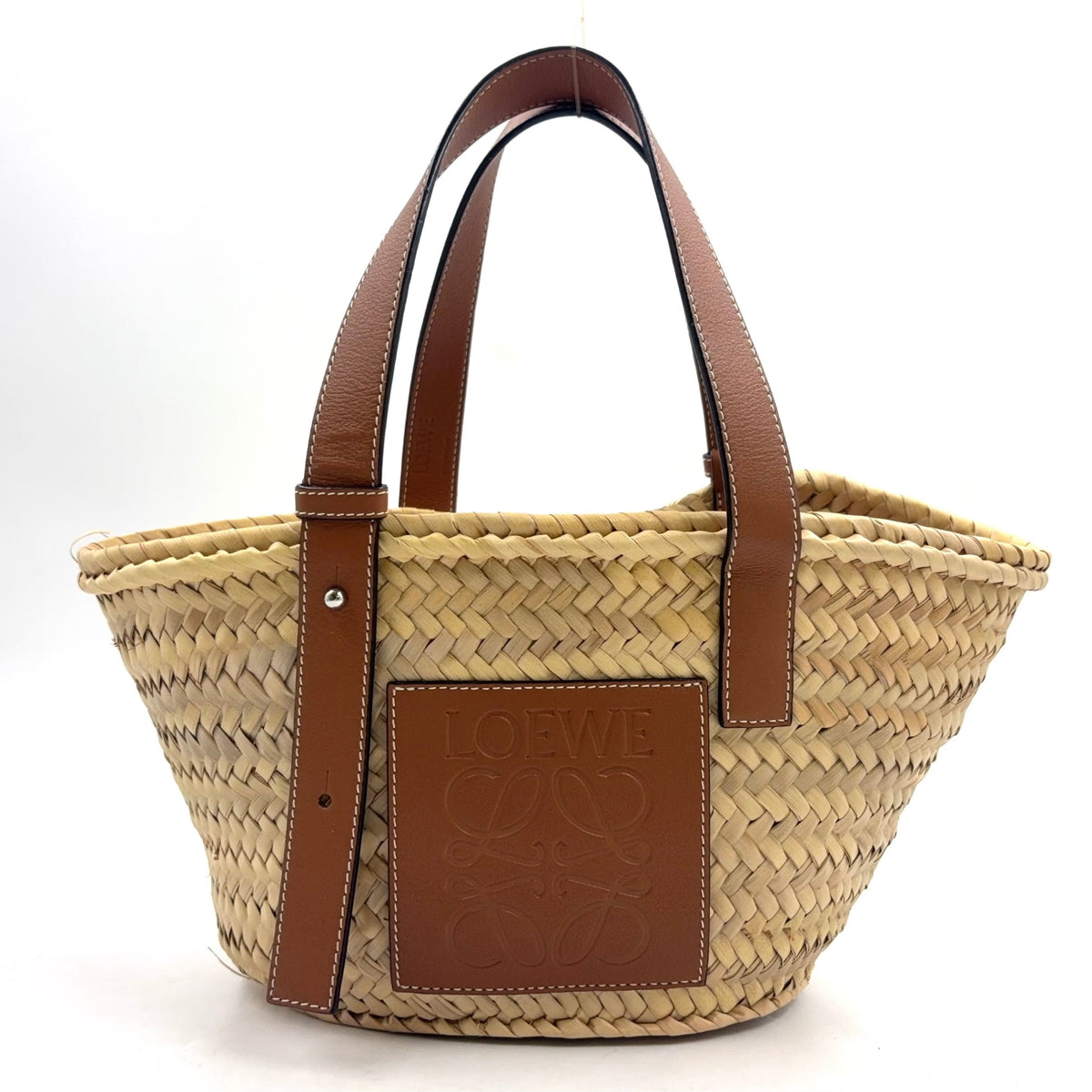 Pre-Owned basket bag Small Handbag Brown light beige Leather Raffia Silver LOEWE