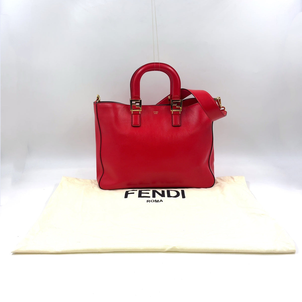 Pre-Owned FF Tote Shoulder bag Handbag Red Leather Gold FENDI