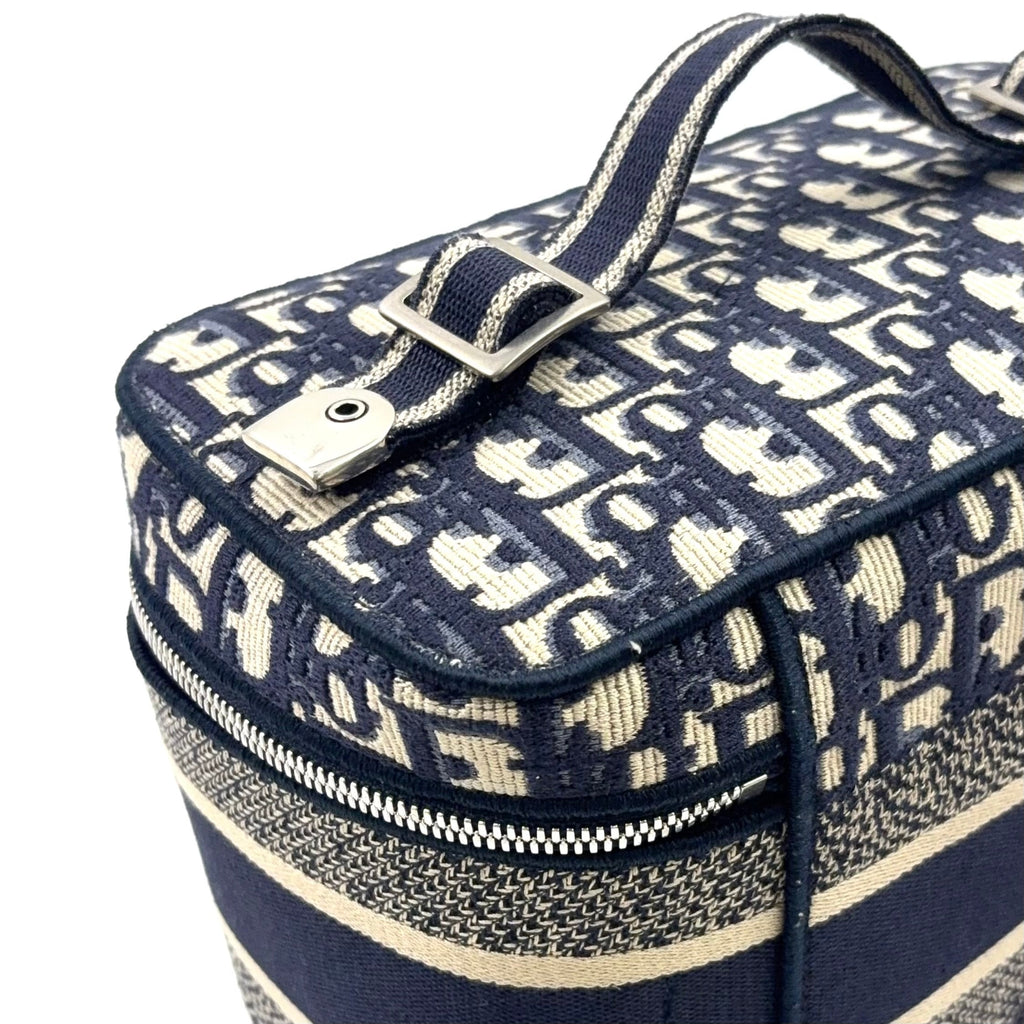 Pre-Owned DiorTravel Vanity Handbag off white Navy Cotton Silver Christian Dior