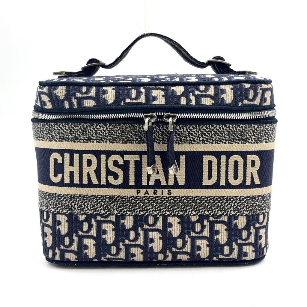 Pre-Owned DiorTravel Vanity Handbag off white Navy Cotton Silver Christian Dior