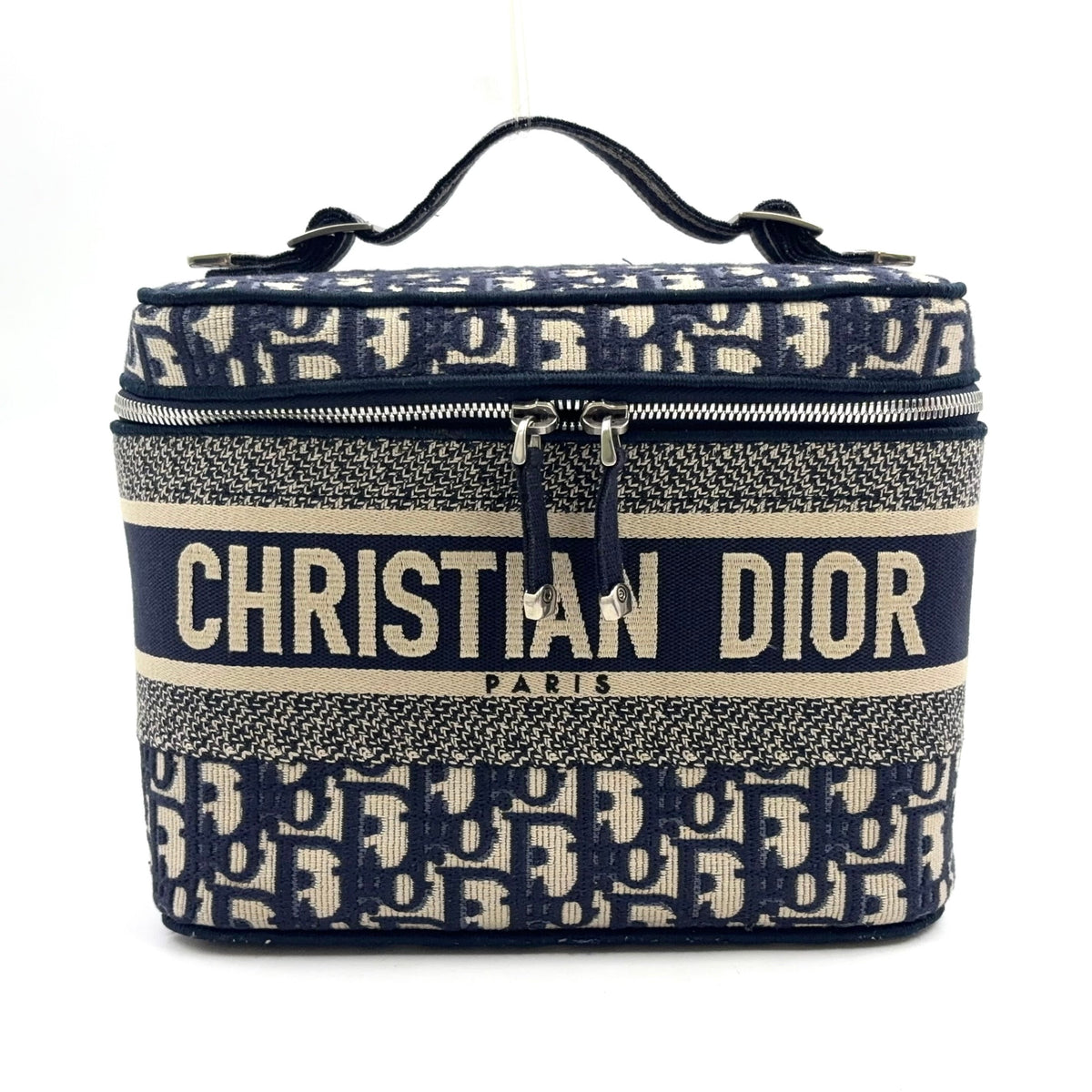 Pre-Owned DiorTravel Vanity Handbag off white Navy Cotton Silver Christian Dior