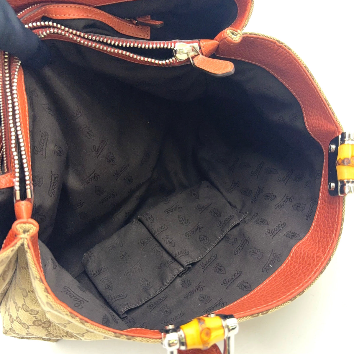 Pre-Owned Bamboo tote bag Orange brown beige Leather Canvas Silver 232947 GUCCI