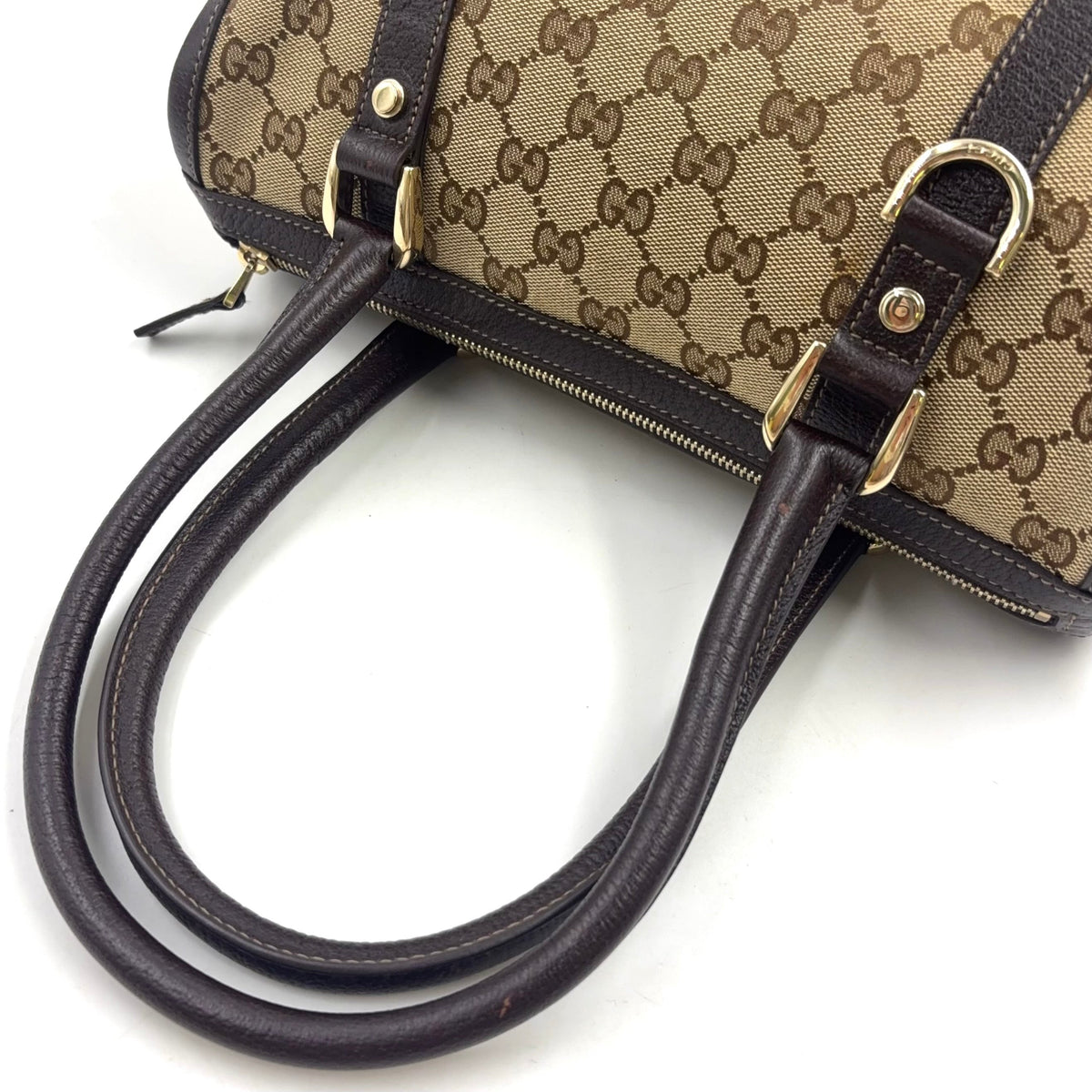 Pre-Owned Abby Handbag Dark brown beige Leather Canvas Gold 130942 GUCCI