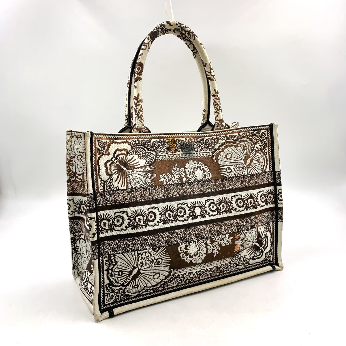 Pre-Owned book butterfly embroidery tote bag ivory Dark brown Brown Canvas Christian Dior