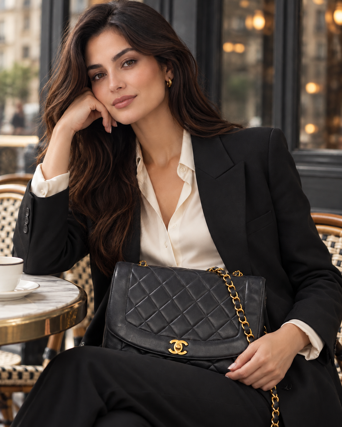 Chanel Diana Flap bag styled in a cafe fashion portrait
